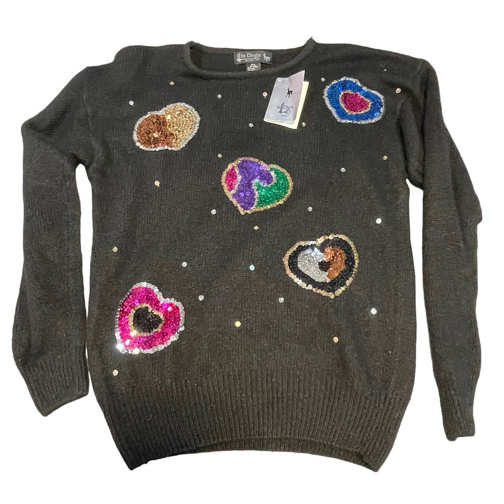 Le Chois Vintage Sweater Pullover Sequin Hearts Petite L Silk Angora Lambs wool